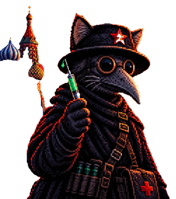 Plague Cat in a black hat with a red star, round goggles and a beaked mask, holding up a glowing green syringe