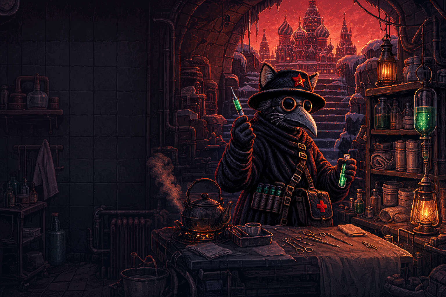 Plague Cat in an underground clinic with lanterns, shelves of green vials and surgical tools, a stairway opening onto the red domes of the square